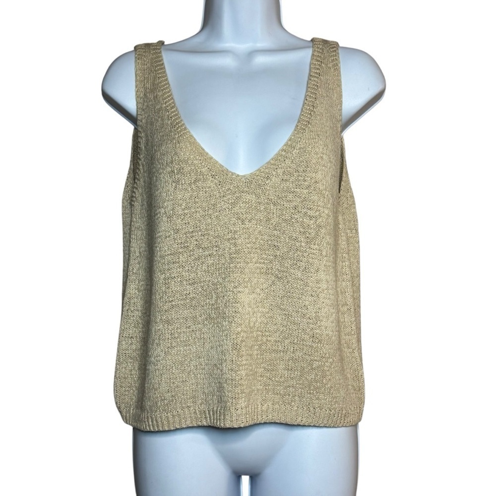 Sage Beige Knit Tank Top Deep V-Neck SZ. M